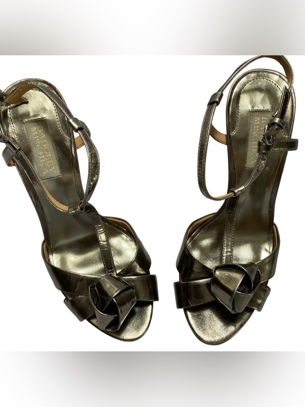 Badgley Mischka Metallic Pewter Silver T-Strap Knot Heels